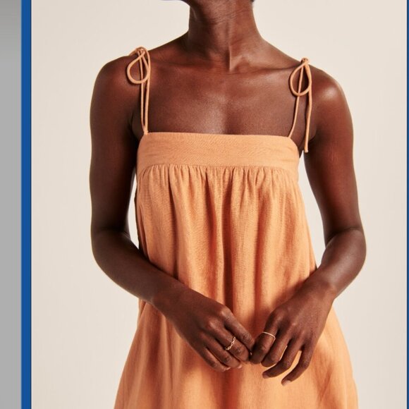 Abercrombie & Fitch Linen Tie Strap Trapeze Mini Dress Cut out back melon - Picture 2 of 15